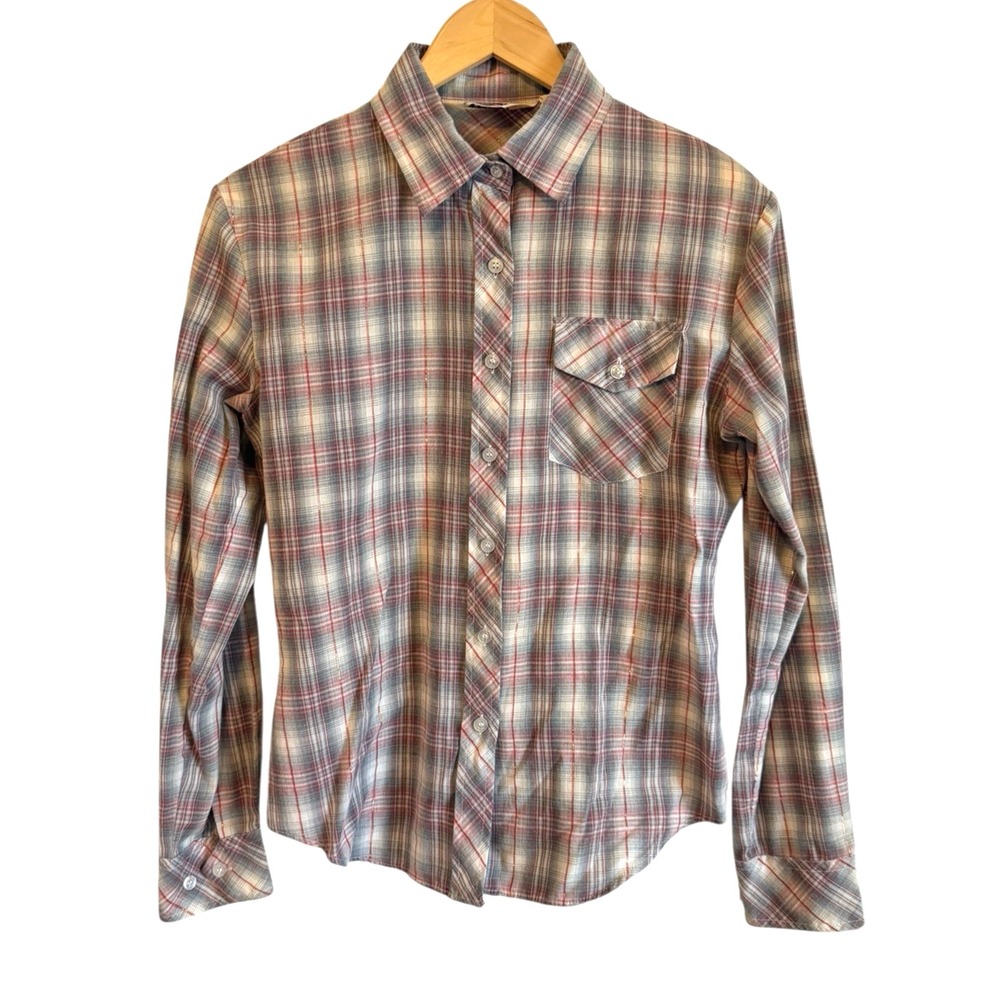 Vtg 70s LICORICE Plaid Shirt Women 13/14 Jr Button Up Western Metallic Lines‎